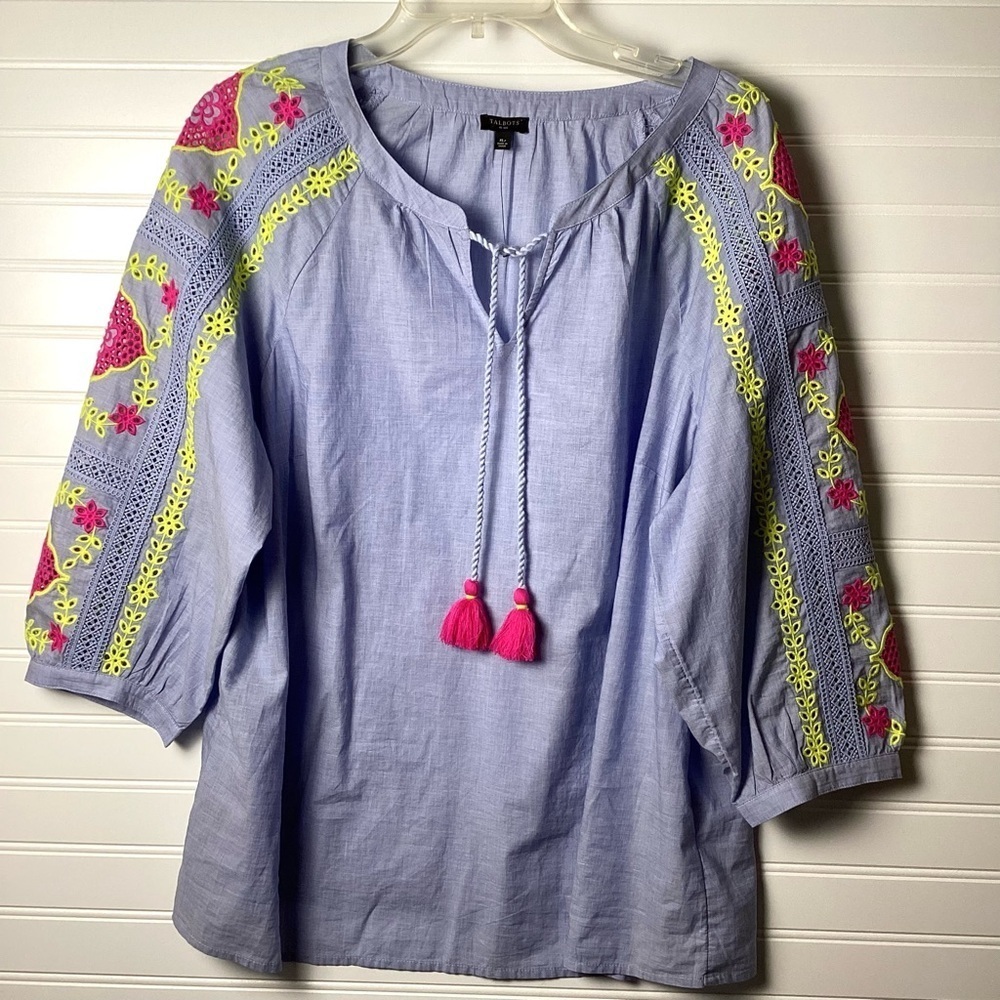 Talbots NWOT Contrast Embroidered Popover Blouse Sz XL